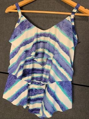 Ruffled Bikini Top in Blue & Aqua Stripe